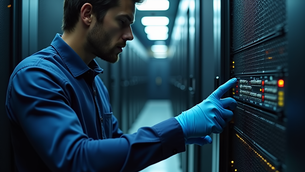 Close-up view of a technician working on a network switch in a data center
