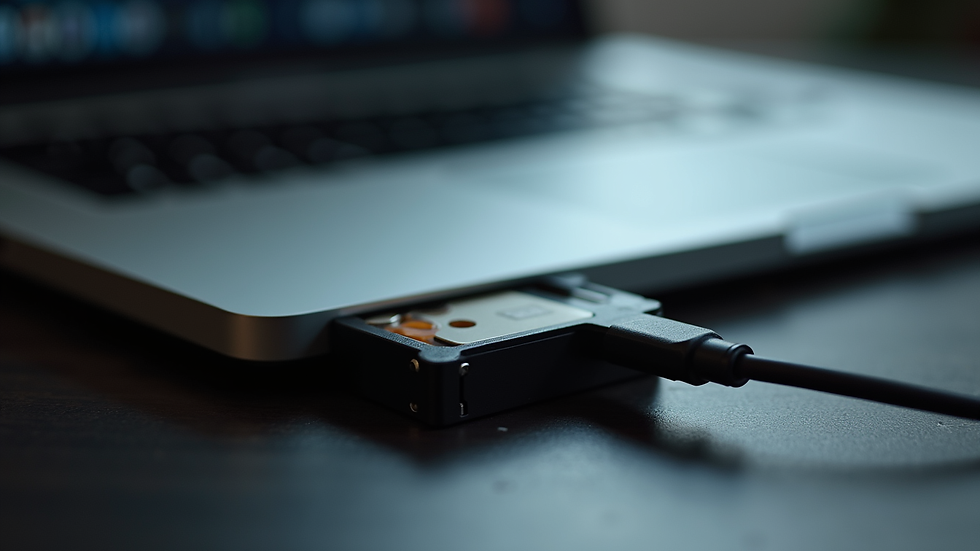 Close-up view of external hard drive connected to a laptop