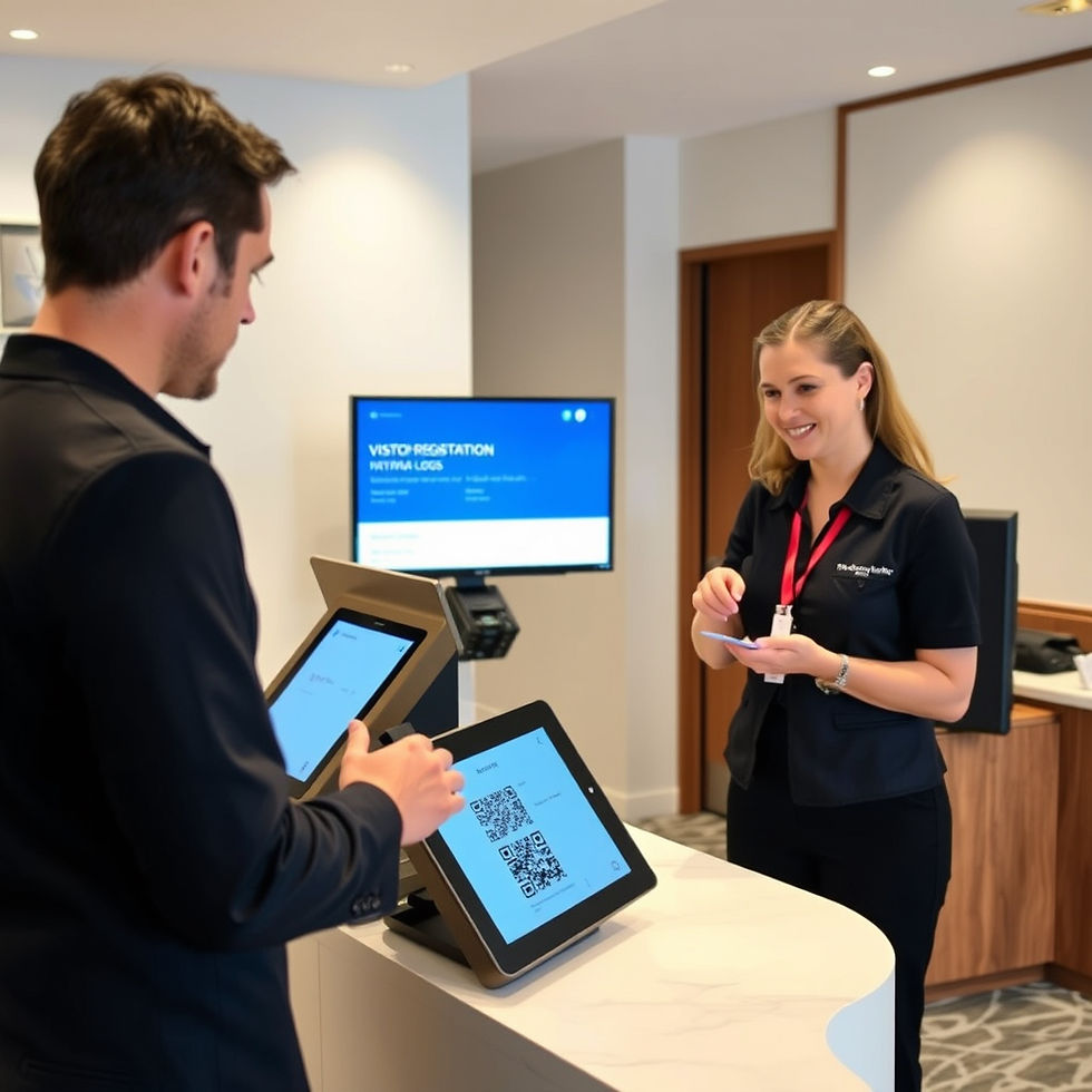 Hotel staff check-in area with a digital visitor registration kiosk, QR code scanner, and