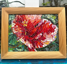 Mosaic art of a red hibiscus flower, wooden frame, colorful pieces, Angela Artworks