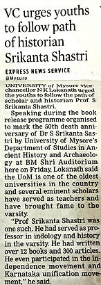 New Indian Express's coverage of Book Launch of Dr S. Srikanta Sastri's Biography