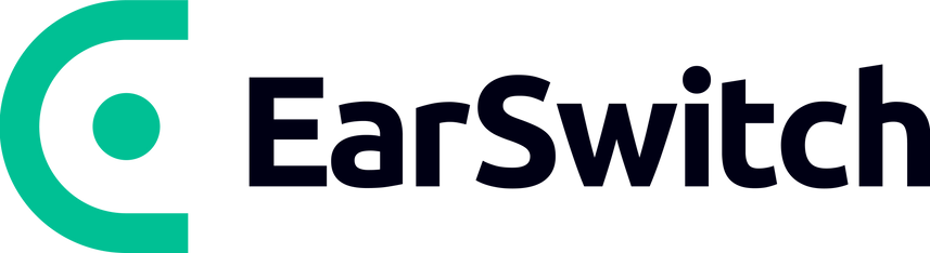 EarSwitch logo in teal and black with a circular motif.