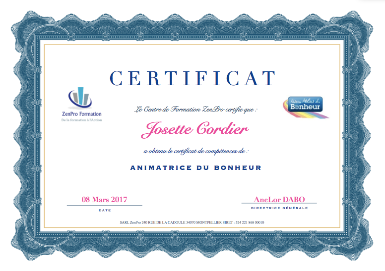 Certification d'animatrice du Bonheur