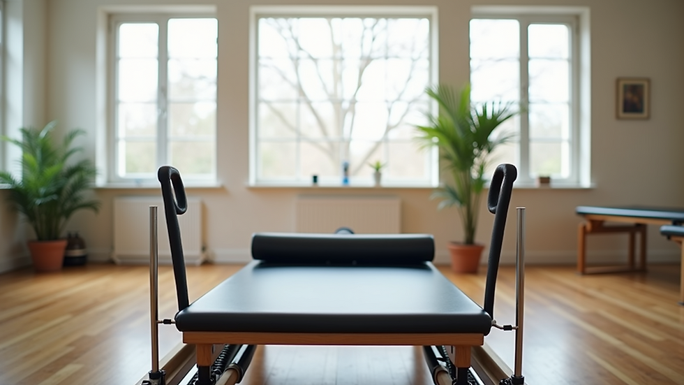 Eye-level view of a Pilates reformer machine in a bright studio