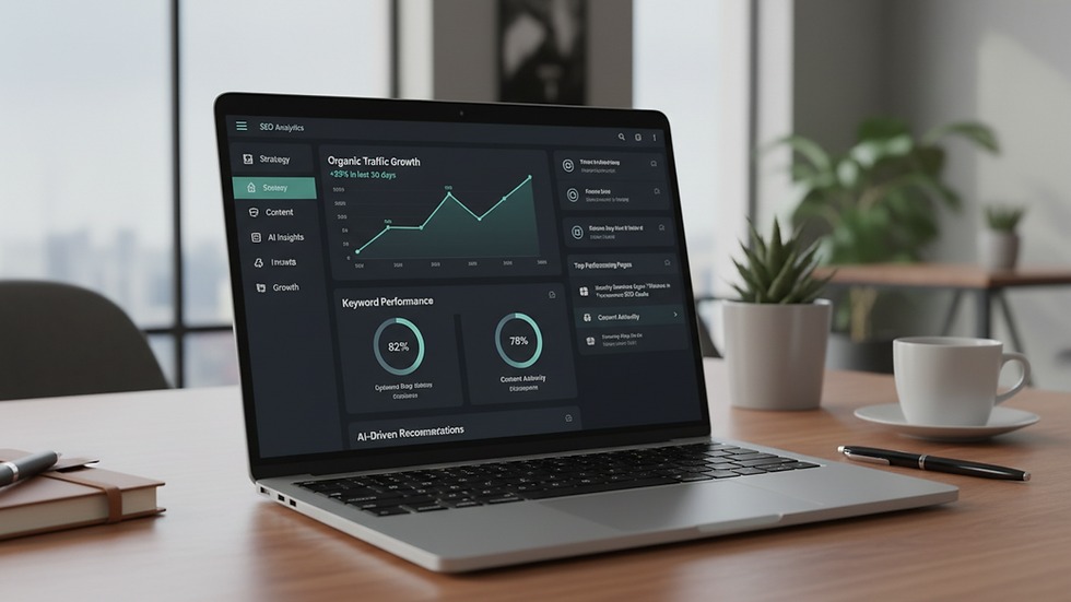 Eye-level view of a laptop screen displaying SEO analytics dashboard