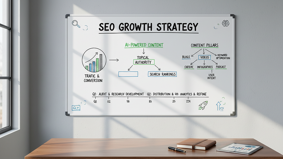 High angle view of a whiteboard with SEO strategy notes and charts
