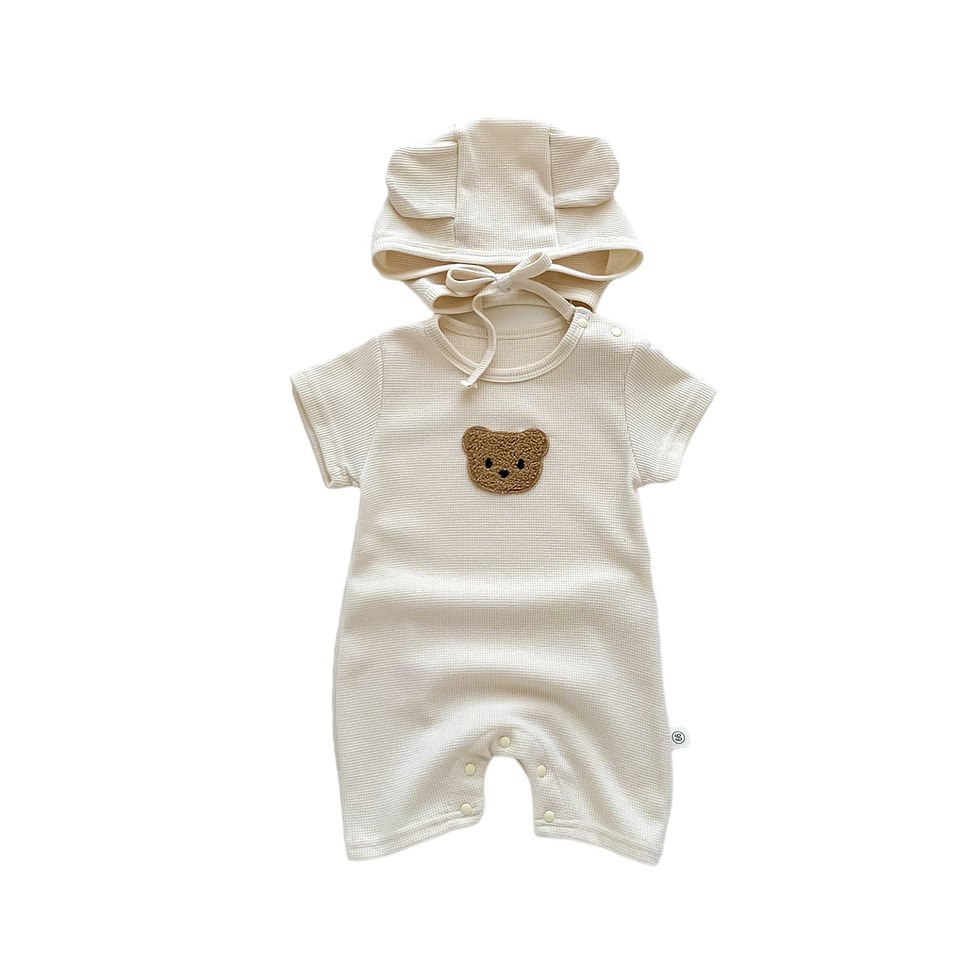 Thumbnail: Waffle Bear Baby Romper & Hat Set | Cotton Newborn Outfit 0–24M