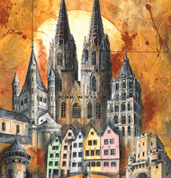 Cityscape painting of Cologne, Germany (watercolor and acrylics on paper by Marc Remus)