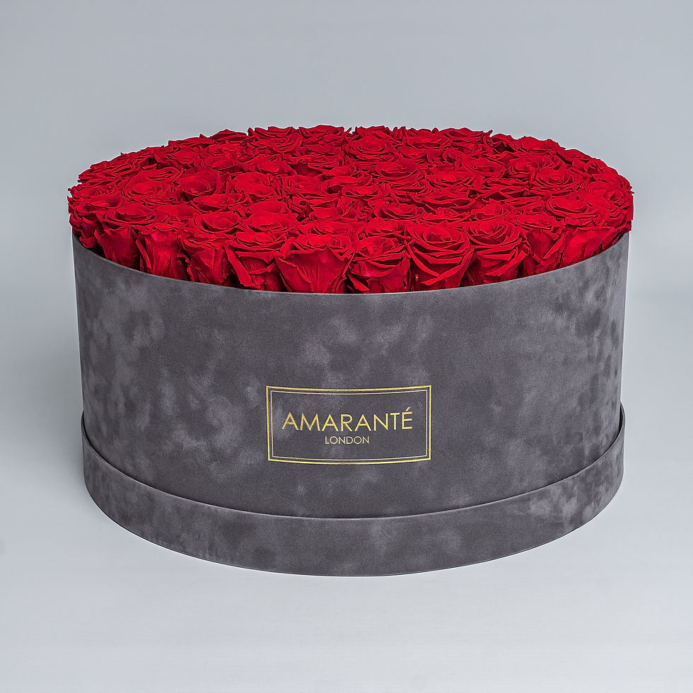 85-100 Roses in Super Deluxe Round Grey Suede Rose Box