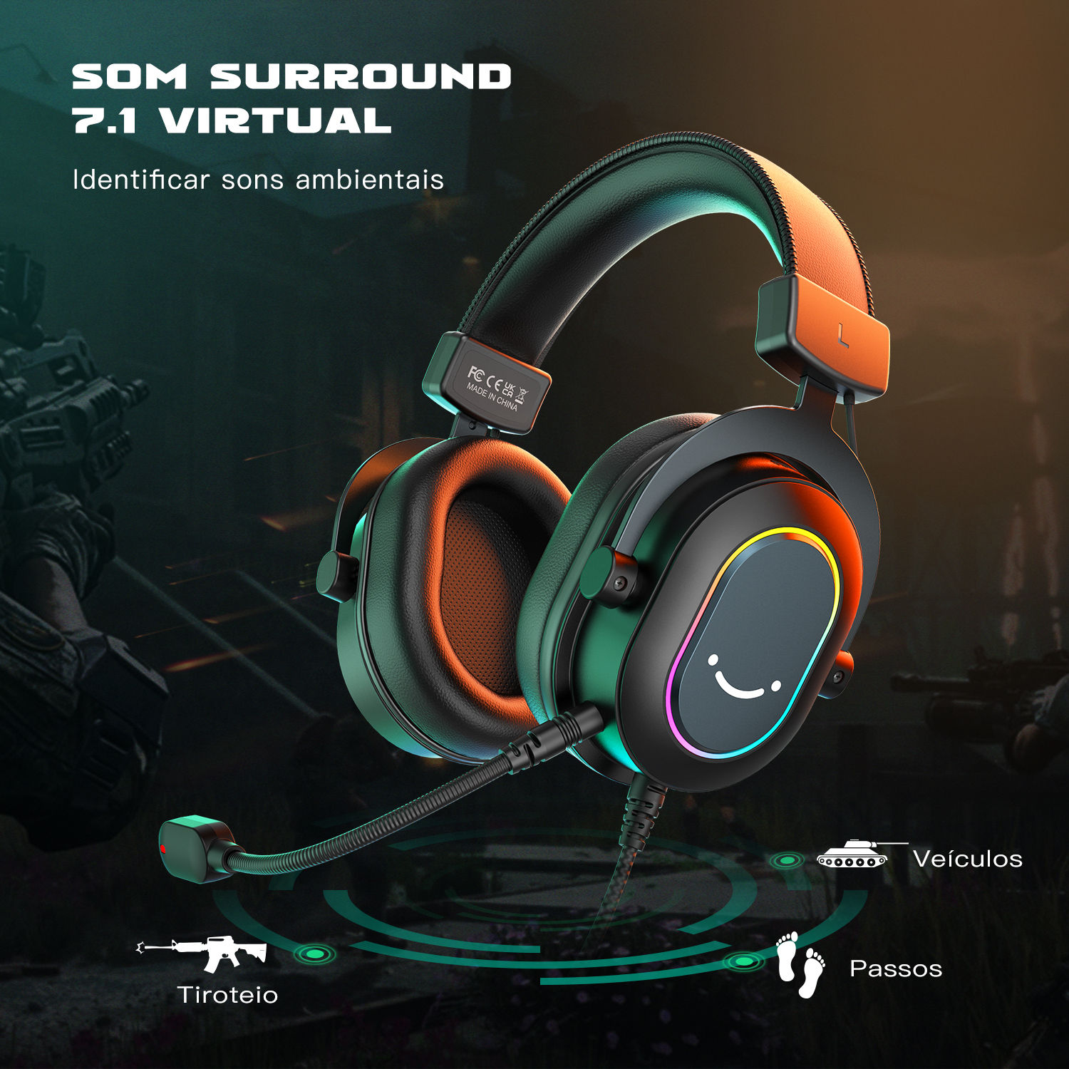 Fifine Dynamic RGB com microfone, modelo over-ear, som surround 7.1.