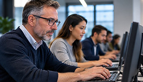 A row of adult students working at desktop computers in a bright training lab