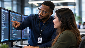 A mentor pointing at code on a monitor while a student follows along