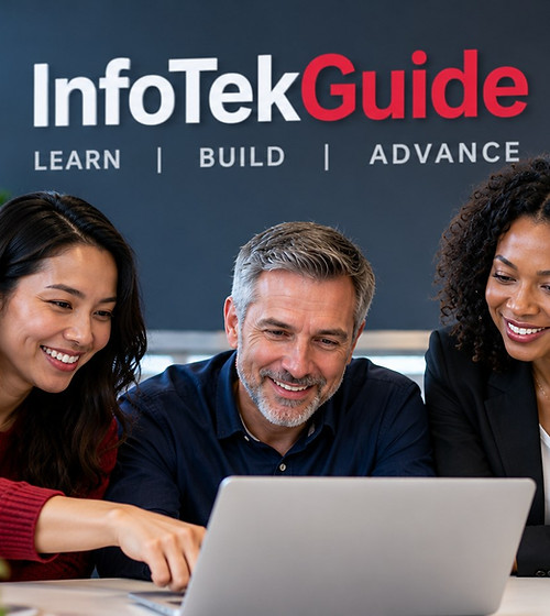 Four adult learners gathered around a laptop, smiling, beneath a large InfoTekGuide wall sign