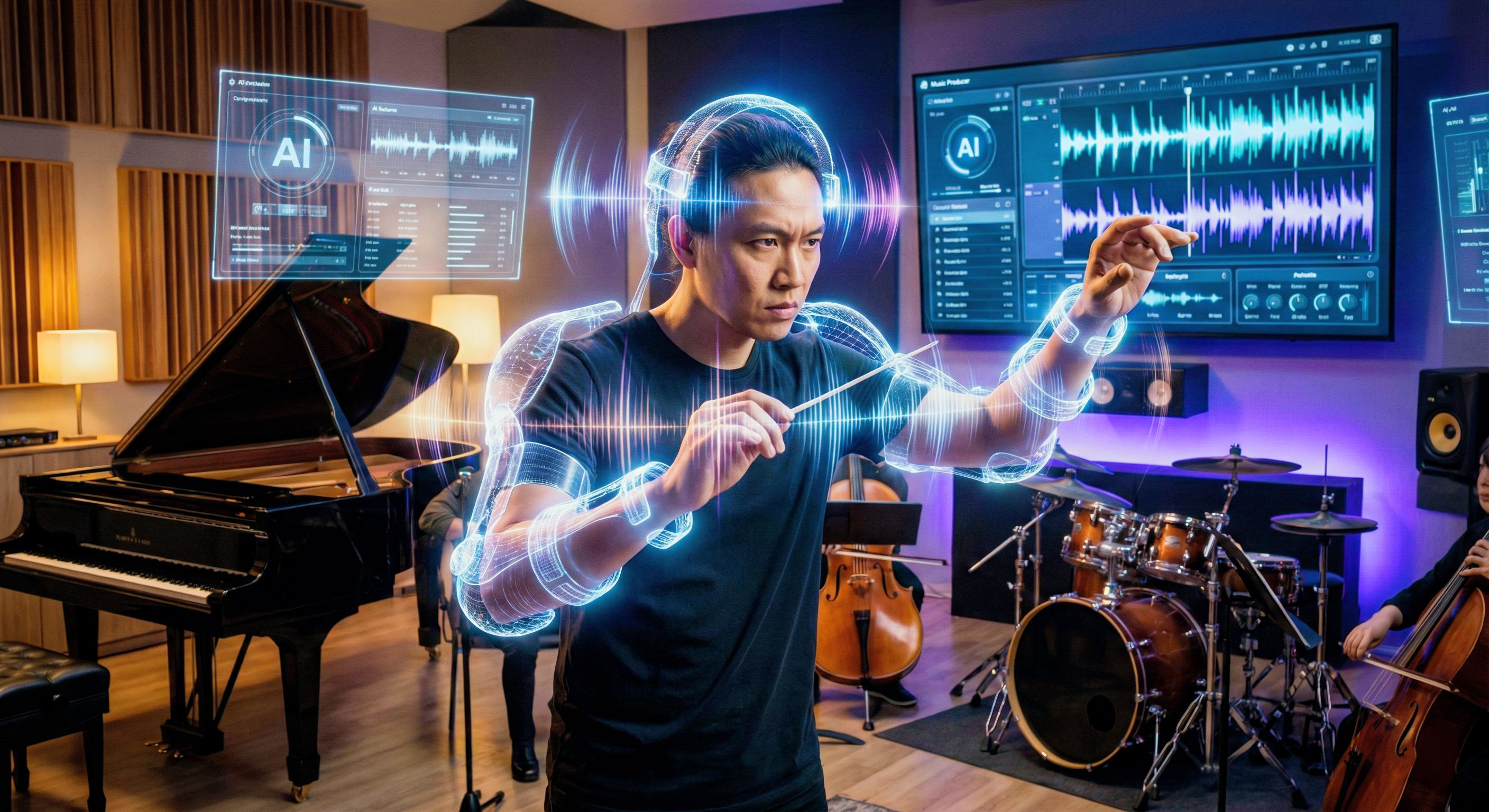 Futuristic music producer using an AI interface as a creative exoskeleton in a professional recording studio