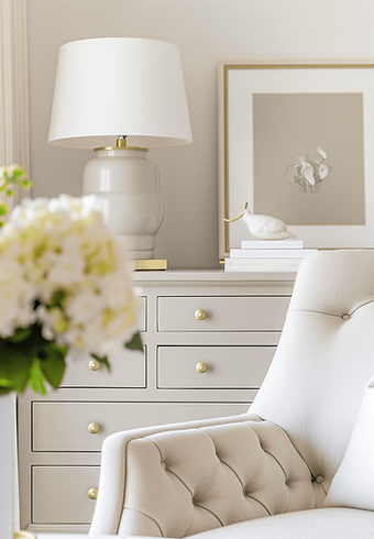 beige interior of chair and sideboard with flowers and lamp