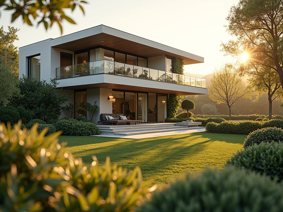 A modern, architecturally designed hybrid home with lush landscaping, bathed in warm, natu