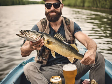 Man on a boat holding a fish, surrounded by a mug and glass of beer. Tree-lined river in the background, creating a serene mood.