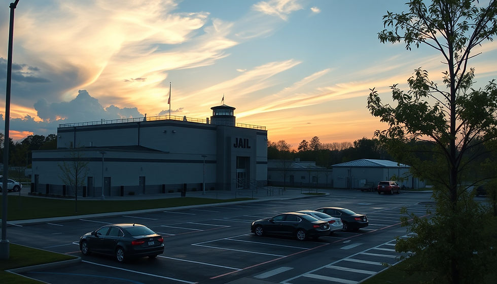 Jail building at sunset with cars in the parking lot. A colorful sky with orange and blue hues creates a calm, serene atmosphere.