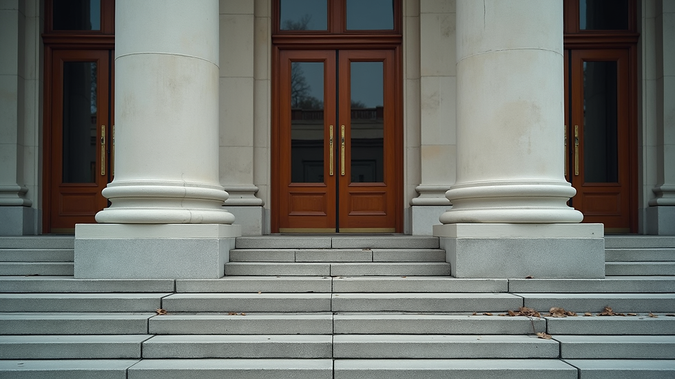Eye-level view of a courthouse entrance with steps leading up