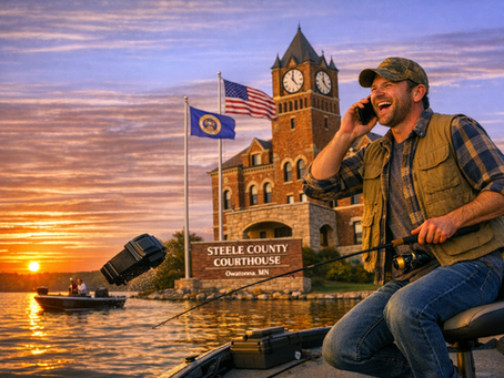 Smiling angler on a boat talks on phone by Steele County Courthouse at sunset; U.S. and Minnesota flags wave.