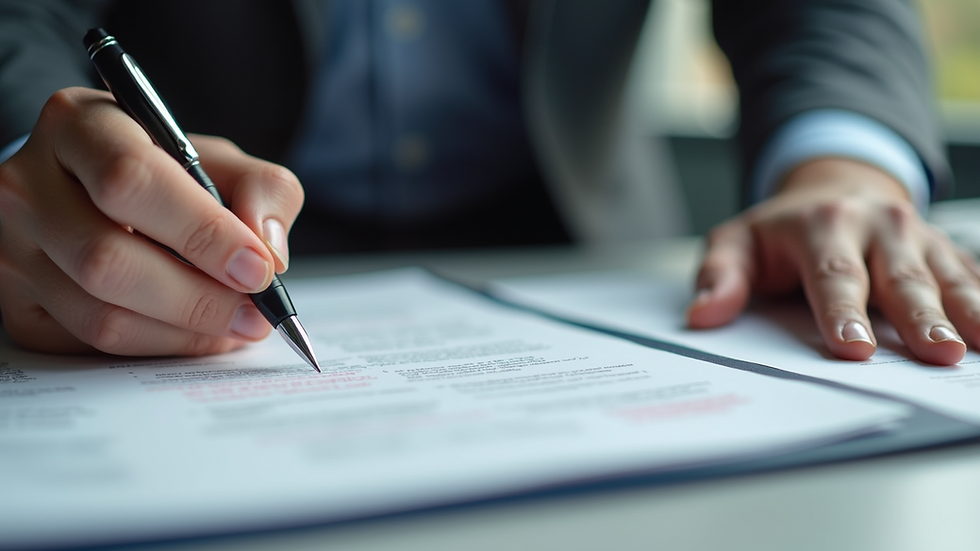 Close-up view of hands exchanging paperwork and a pen on a desk