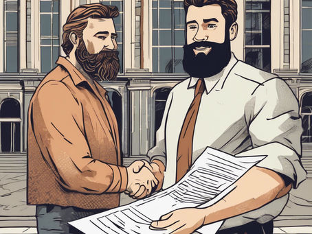 Two bearded men shake hands outside a building. One holds documents. Both are smiling, conveying a positive or successful interaction.