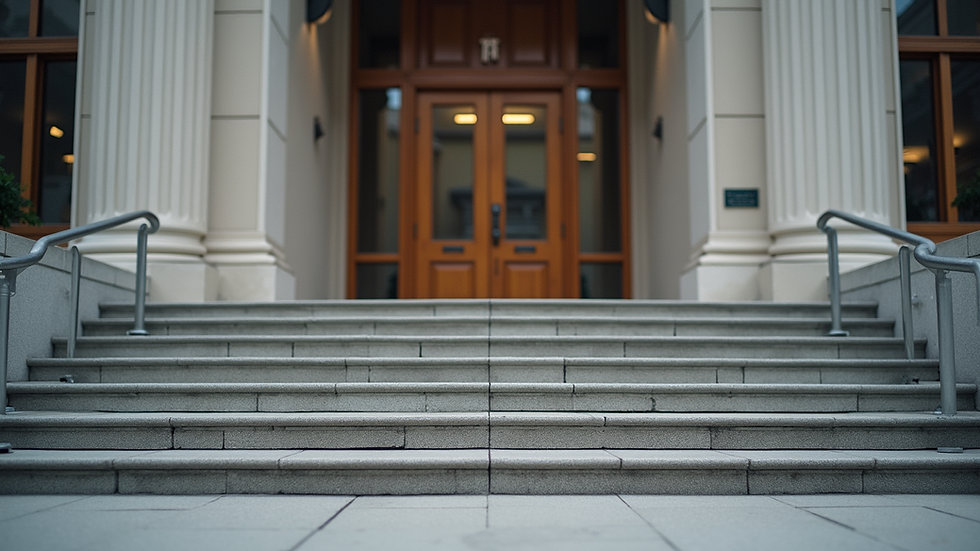 Eye-level view of a courthouse entrance with steps leading up