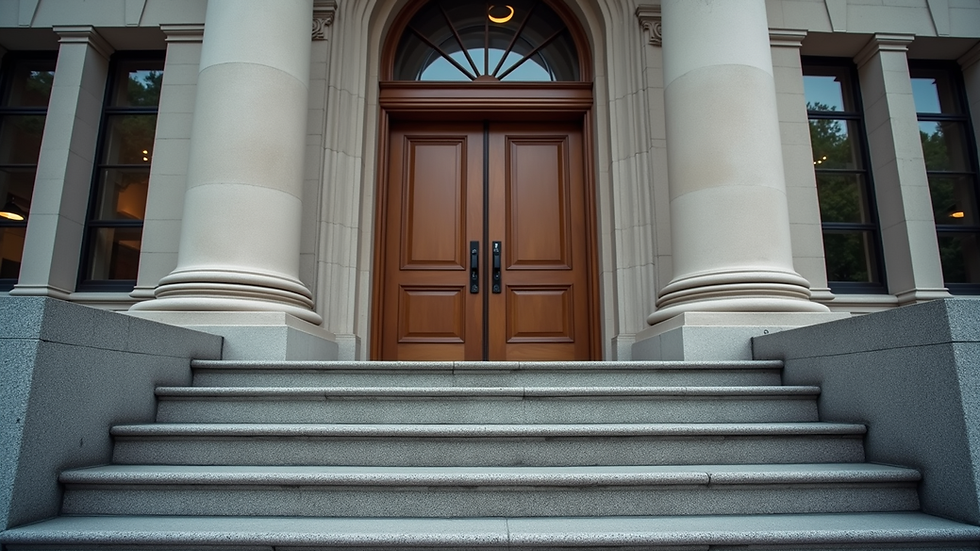 Eye-level view of courthouse entrance with steps leading up