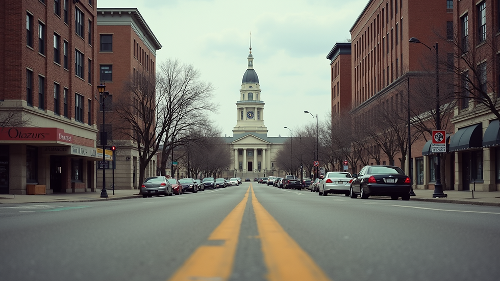 Eye-level view of Owatonna cityscape with courthouse in the background