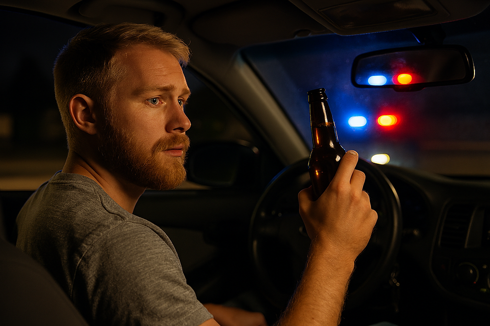 Man in a car holding a beer bottle, looking anxious. Police lights flash red and blue in the background, visible through the rear window.