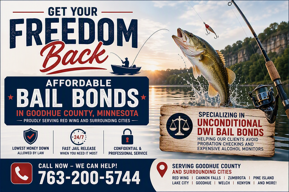 A-Affordable Bail Bonds in Goodhue County, Minnesota featuring a local bail bondsman, unconditional DWI bail bonds service, fast jail release, lowest money down allowed by law, serving Red Wing and surrounding cities. Call 763-200-5744.