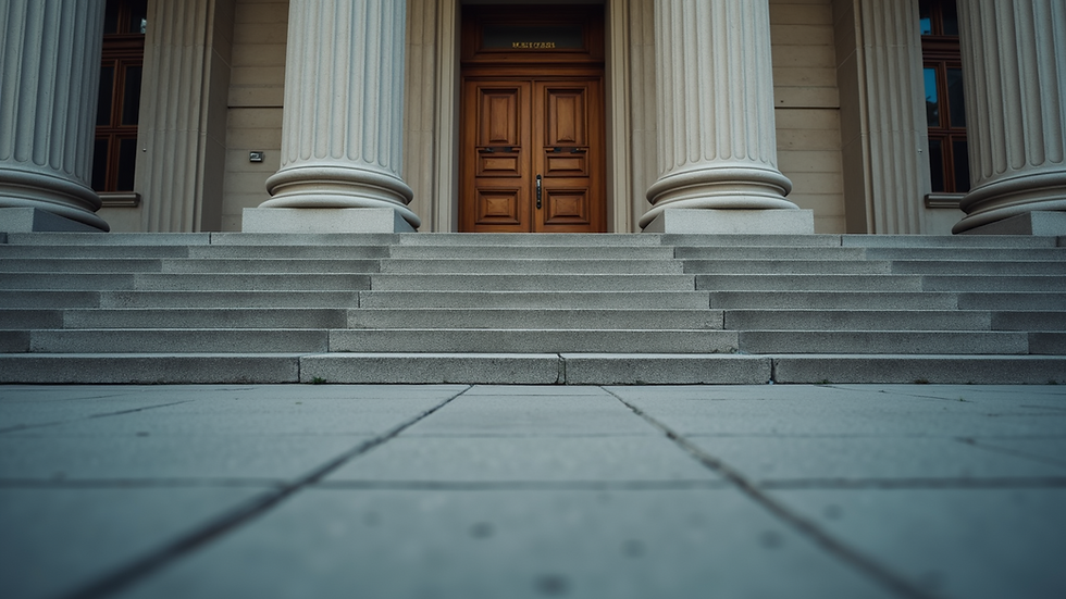Eye-level view of a courthouse entrance with steps leading up