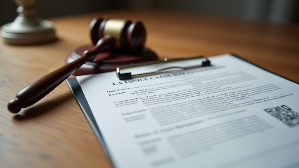 Close-up view of legal documents and a gavel on a wooden table