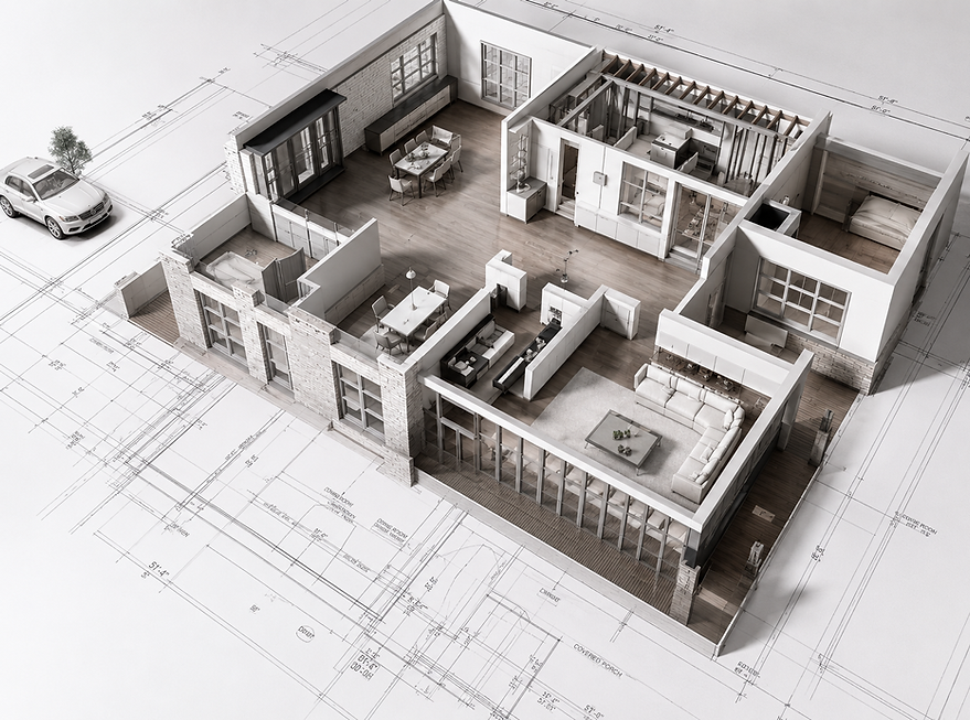 Modelo arquitetônico 3D da planta baixa de uma casa em formato de projeto.