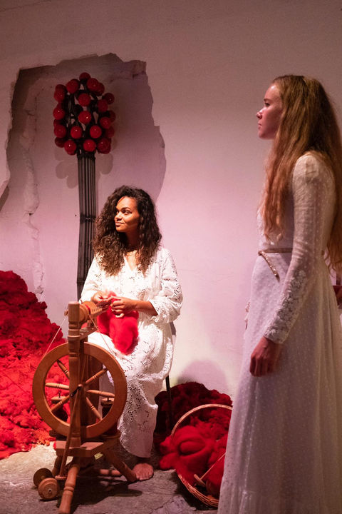 decor for play Menstruation the Musical, afterlife scene scenography