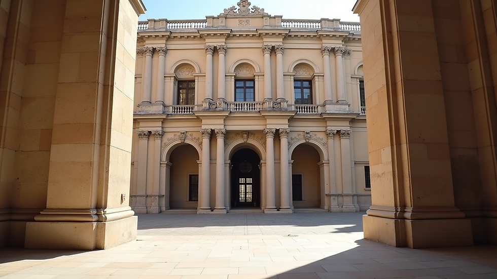 Eye-level view of the grand entrance of Museo de Bellas Artes in Sevilla