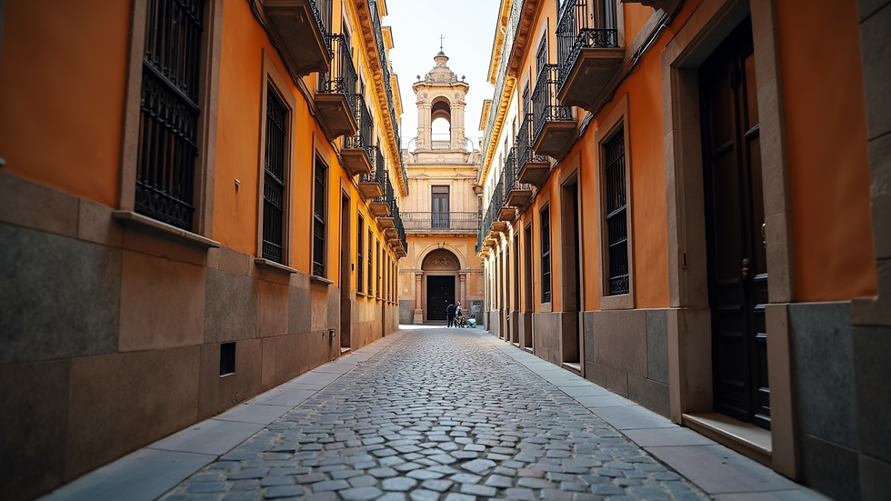 Close-up view of a narrow cobblestone street in Sevilla leading to a museum