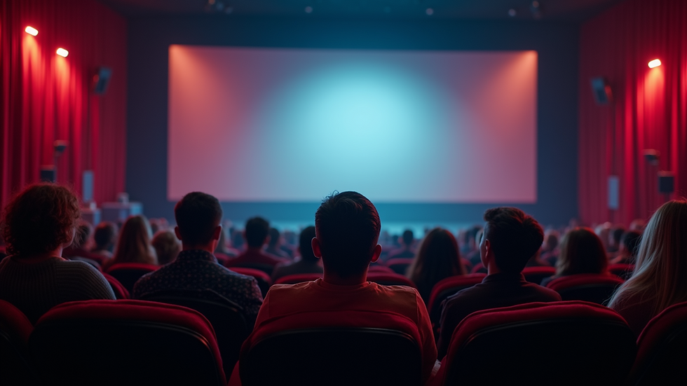Wide angle view of a cinema filled with people watching a movie