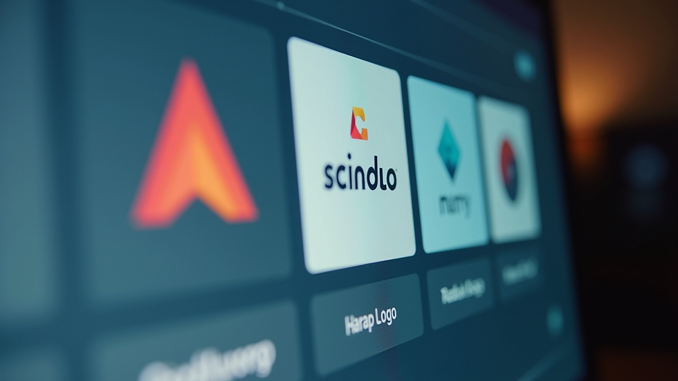 Close-up view of a computer screen showing logo design software with various logo styles