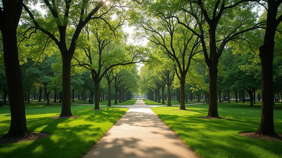 Wide angle view of Dallas park with green trees and walking paths from above