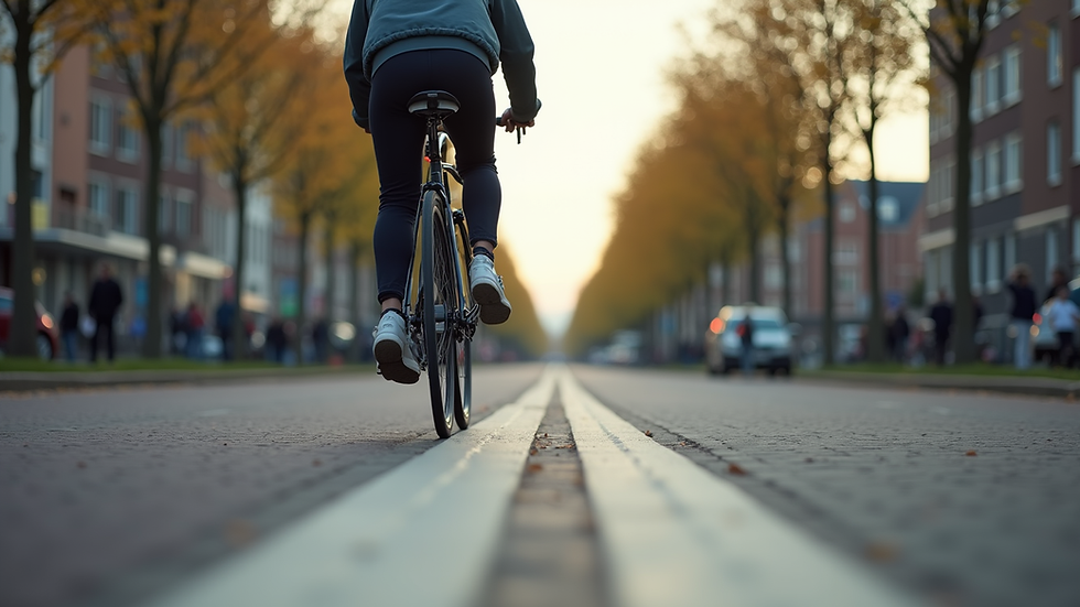 Eye-level view of a cyclist riding on a dedicated bike lane in a Dutch city