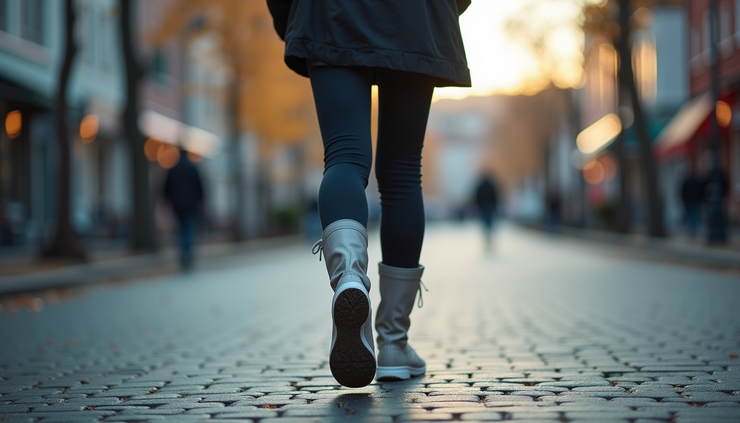 Oversiktsbilde av en person som går i Nydalen med fokus på ben og kne