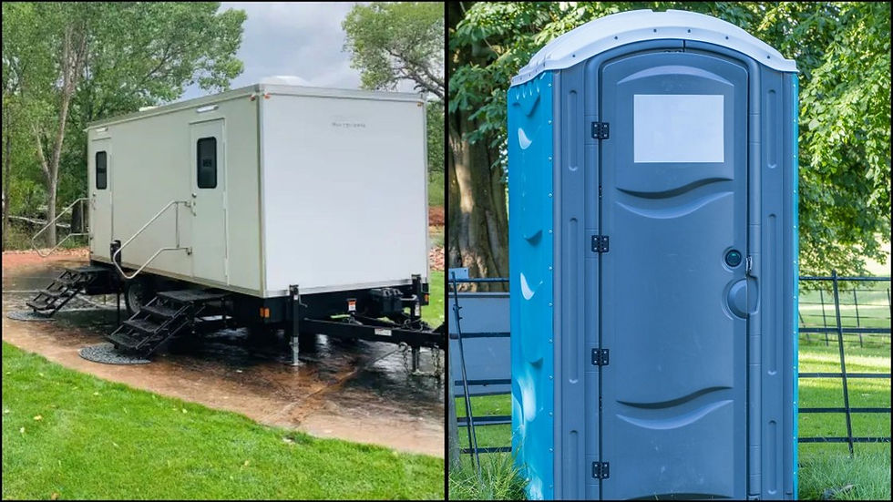 Comparison photos of toilet trailers vs. traditional port-a-porties.