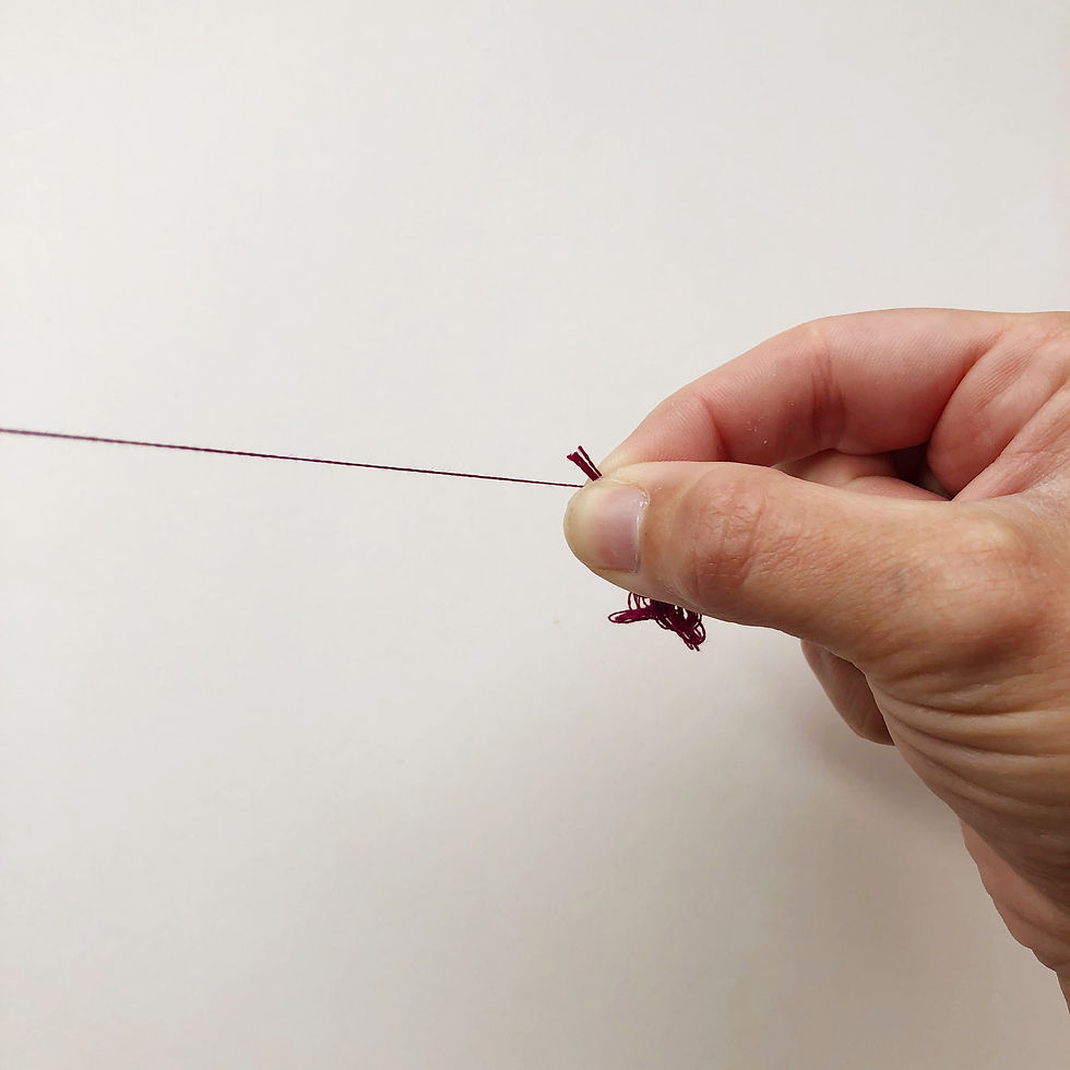 hand holding embroidery thread as one strand is pulled away.