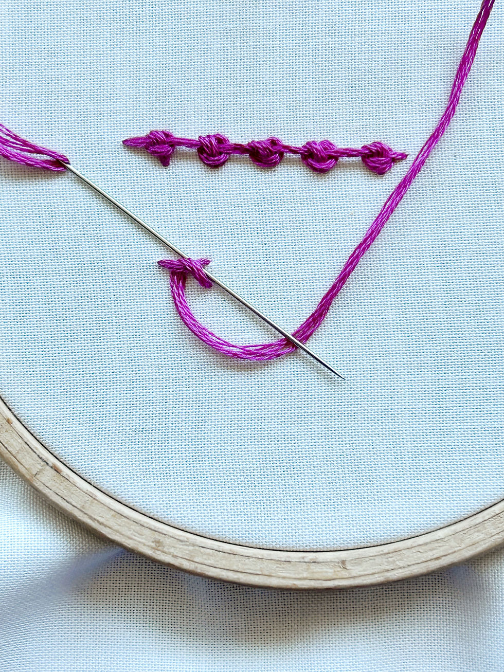 One line of Palestrina knots have been stitched with 5 knots. Below it the Palestrina knot is being formed by sliding the needle downward underneath the straight stitch and over the working thread.