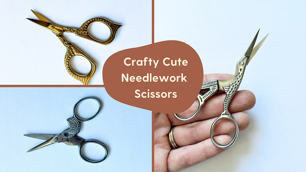 Crafty Cute Needlework Scissors. Three pairs of bird needlework scissors featuring a stork, a swan, and an owl on the handles.