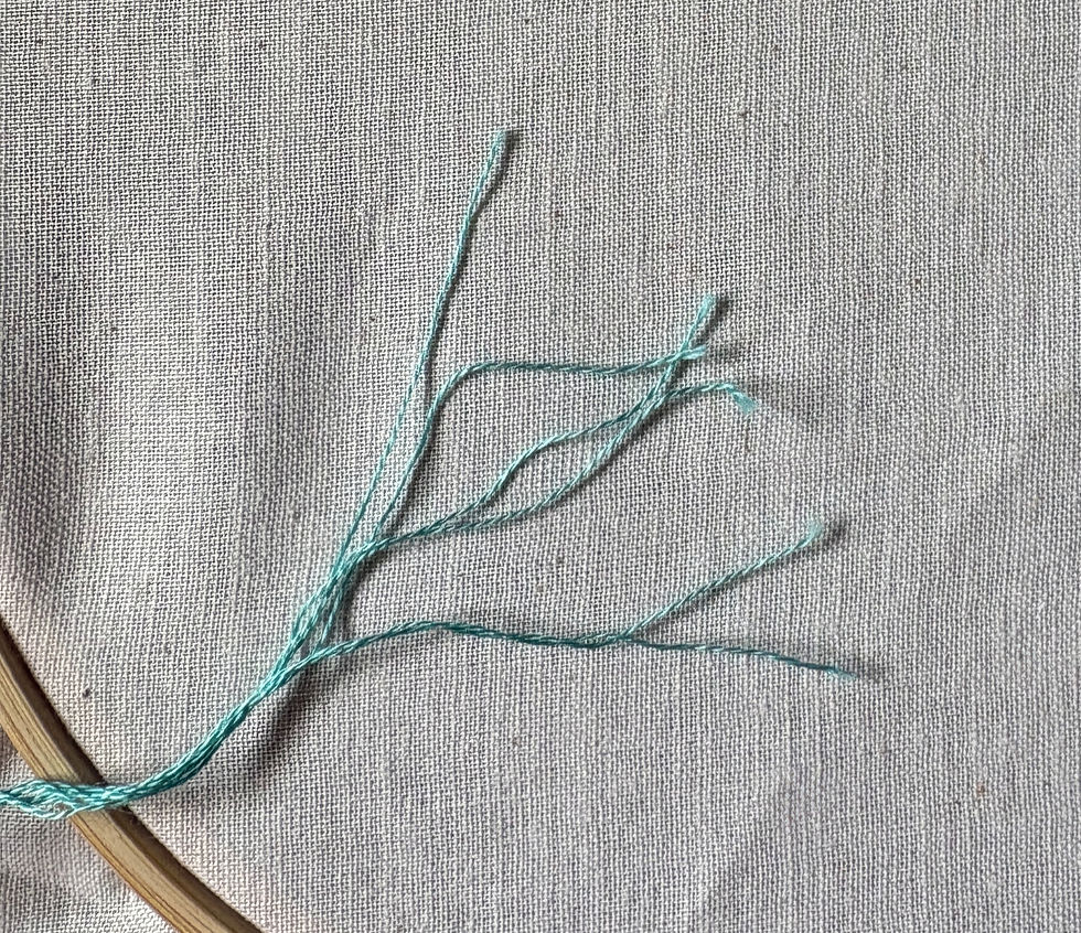 embroidery thread on fabric on a hoop with a needle minder and needle