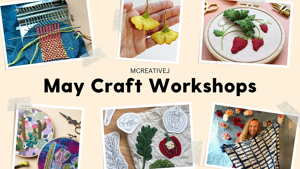 MCreativeJ May Workshops- Woven mends, stumpwork gingko earrings, stumpwork strawberries, cactus embroidery basics, vegetable embroidered tote bags, indigo dyeing and more!