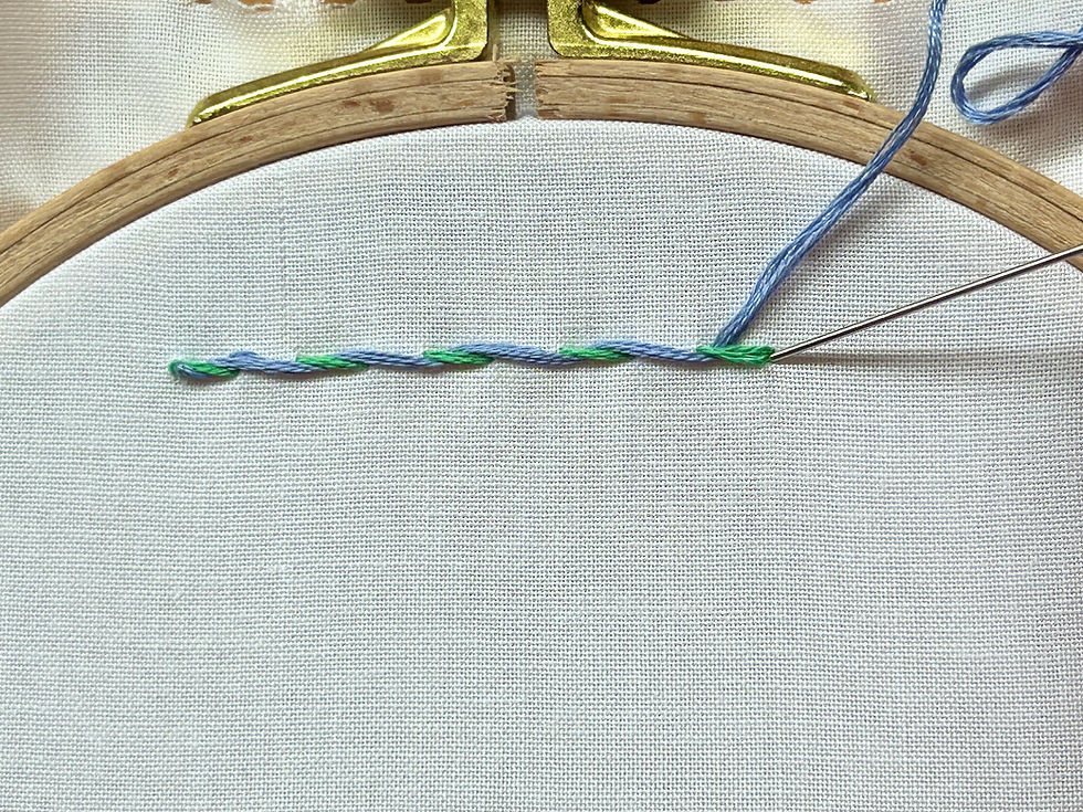 Whipped Running Stitch Step 4- To complete the stitch, insert the needle into the end of the last running stitch.
