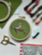an embroidered spring robin on green fabric surrounded by kit components